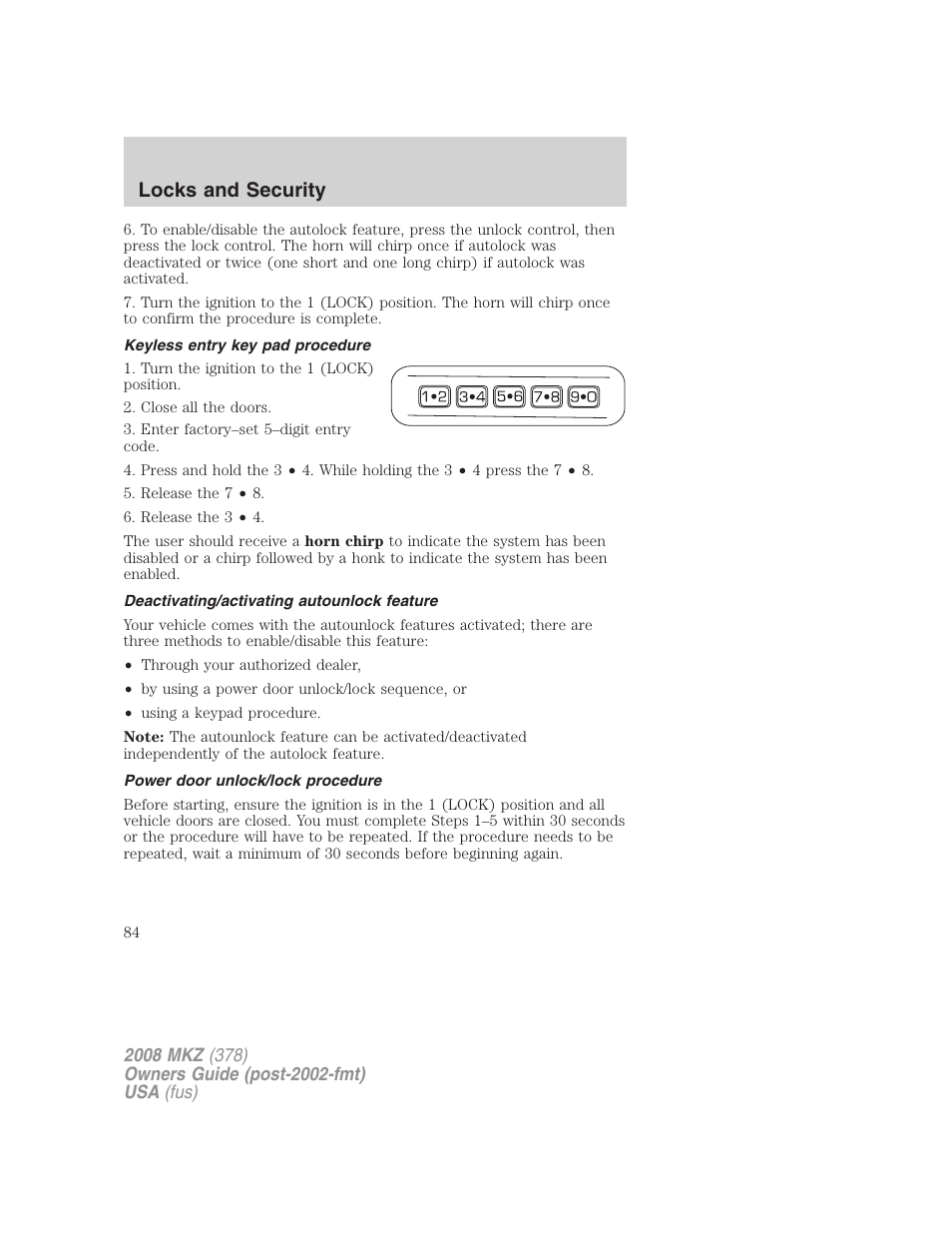 Keyless entry key pad procedure, Deactivating/activating autounlock feature, Power door unlock/lock procedure | Locks and security | Lincoln 2008 MKZ User Manual | Page 84 / 280