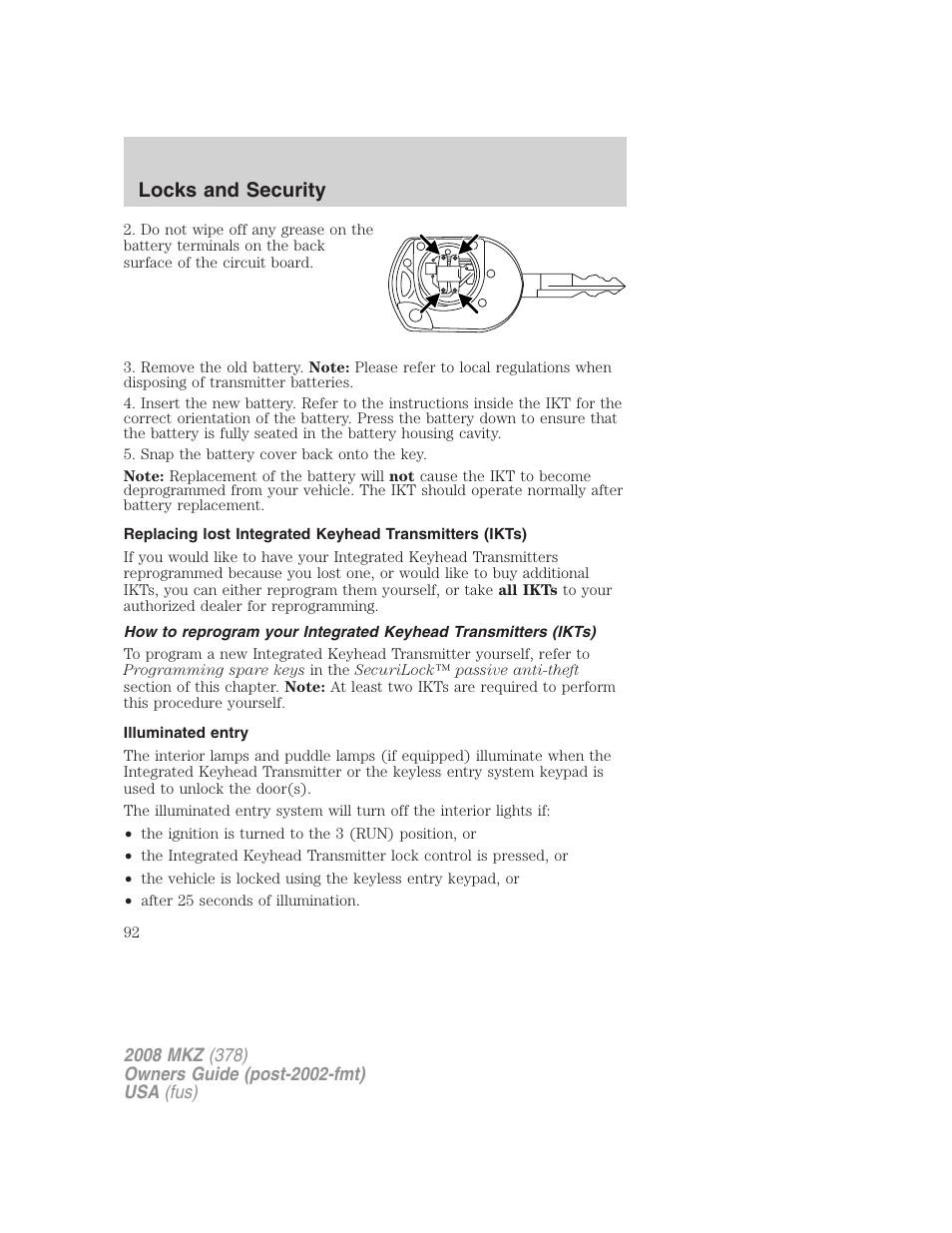 Illuminated entry, Locks and security | Lincoln 2008 MKZ User Manual | Page 92 / 280