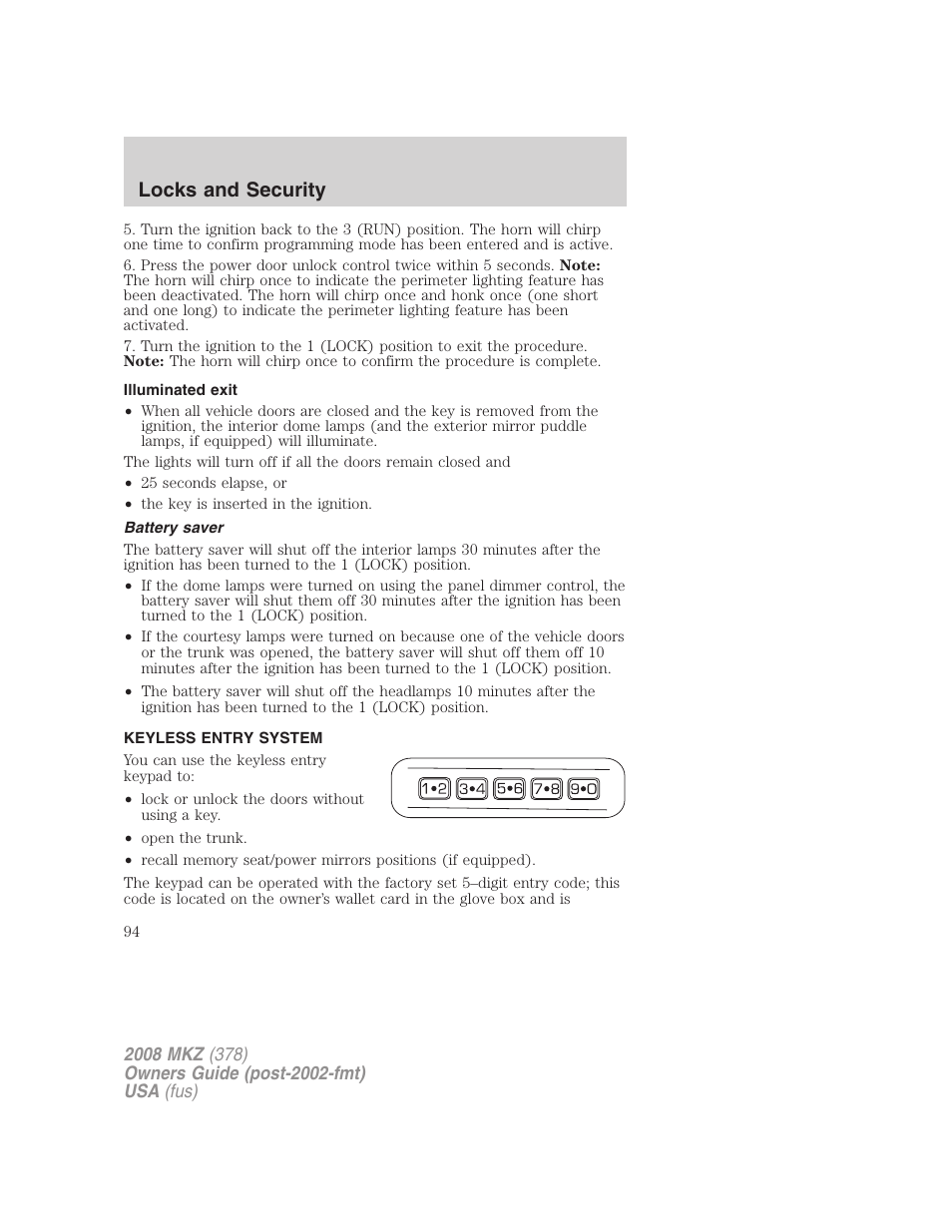 Illuminated exit, Battery saver, Keyless entry system | Locks and security | Lincoln 2008 MKZ User Manual | Page 94 / 280