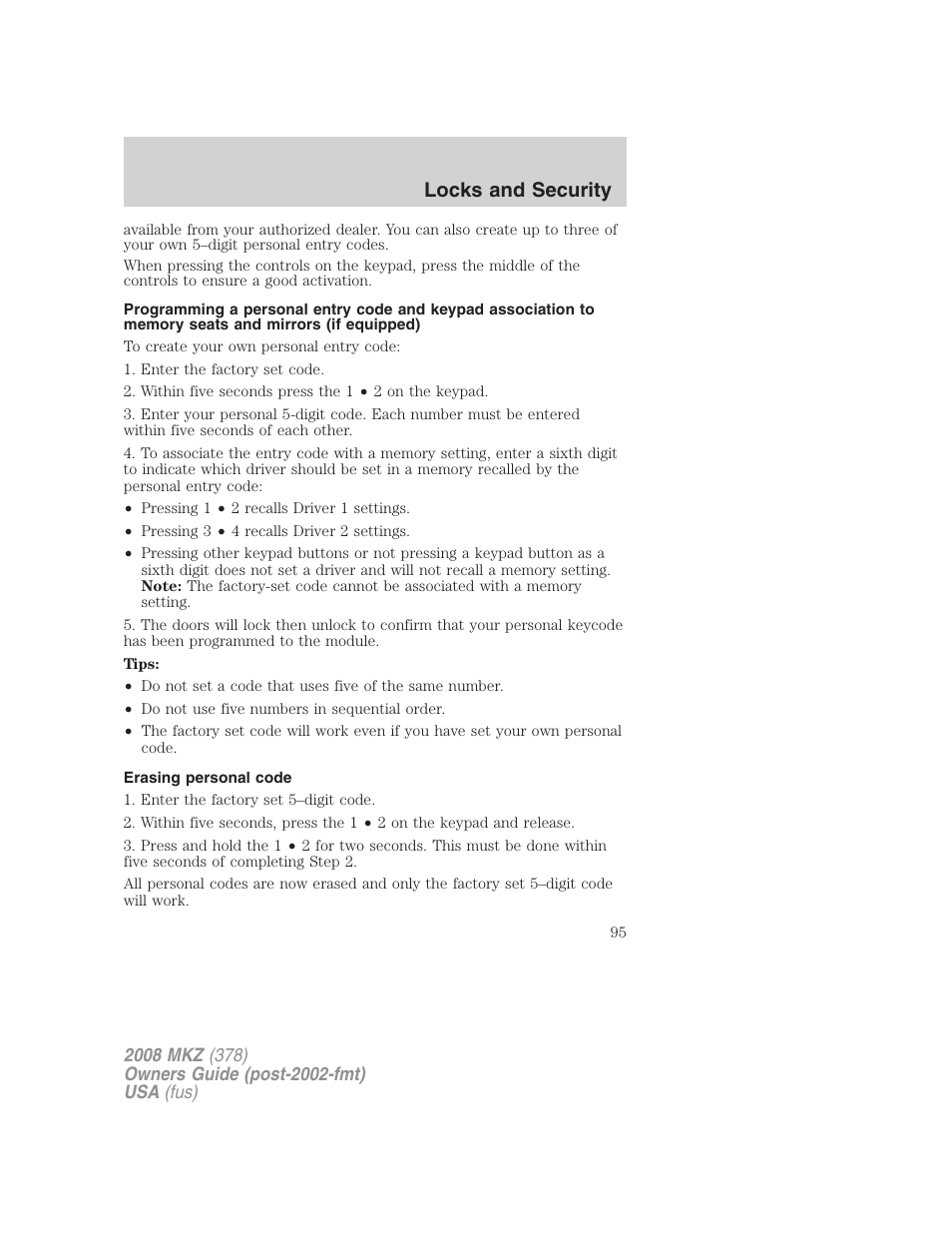 Erasing personal code, Locks and security | Lincoln 2008 MKZ User Manual | Page 95 / 280