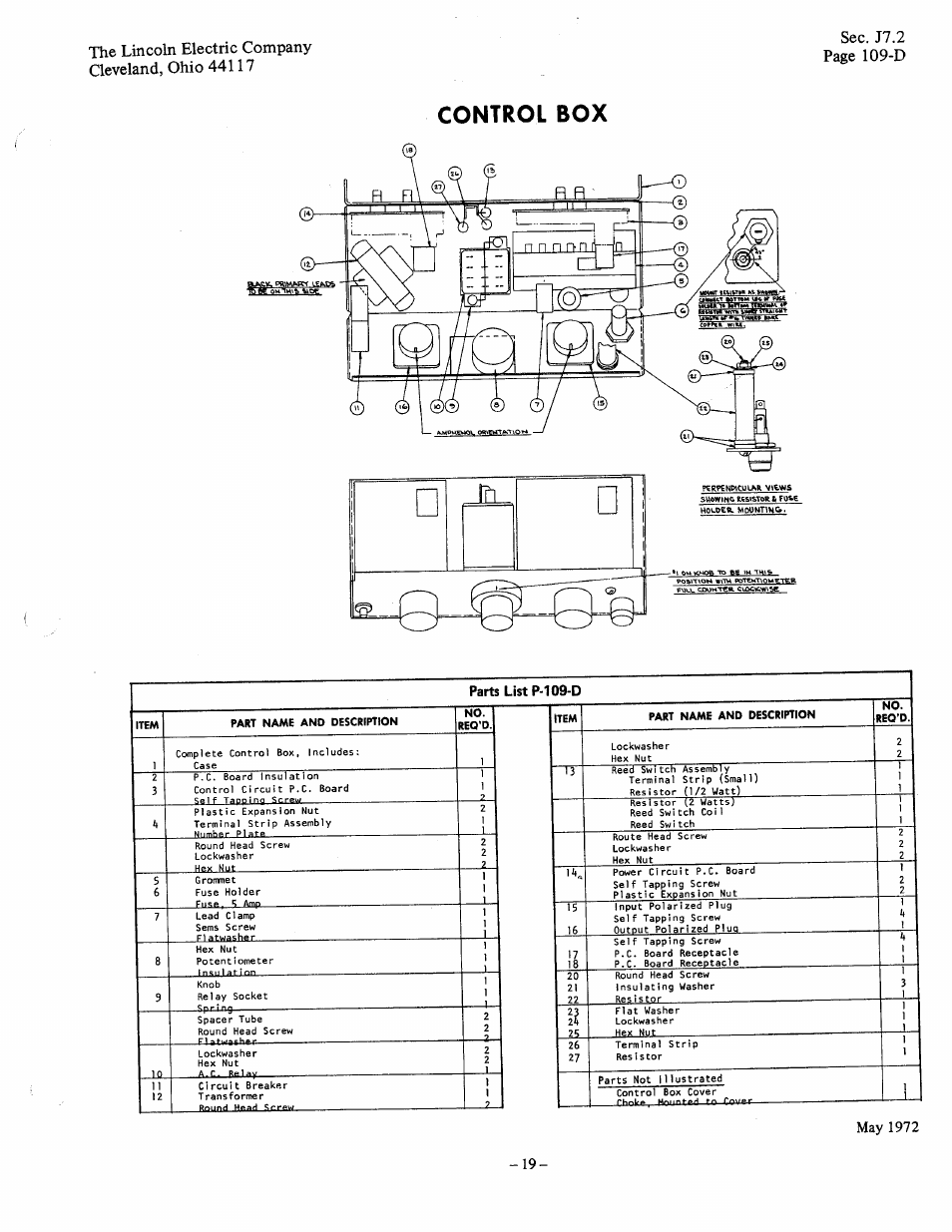 Control box, Parts list p-109-d | Lincoln LN-7 User Manual | Page 19 / 28