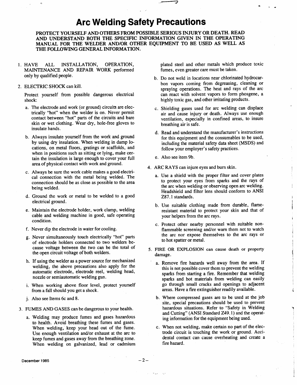 Arc welding safety precautions | Lincoln LN-7 User Manual | Page 2 / 28