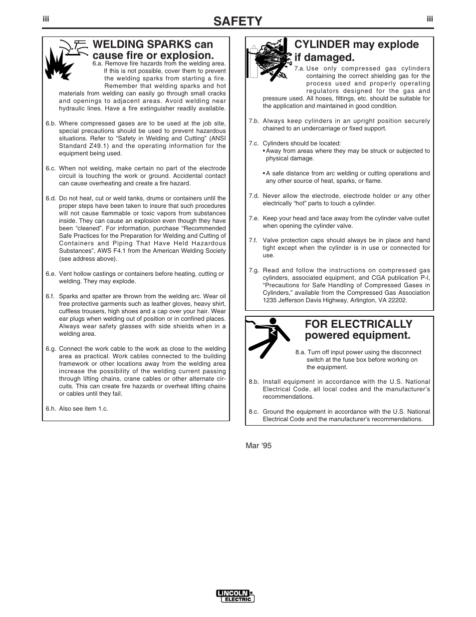 Safety, For electrically powered equipment, Cylinder may explode if damaged | Welding sparks can cause fire or explosion | Lincoln LN-742H User Manual | Page 4 / 48