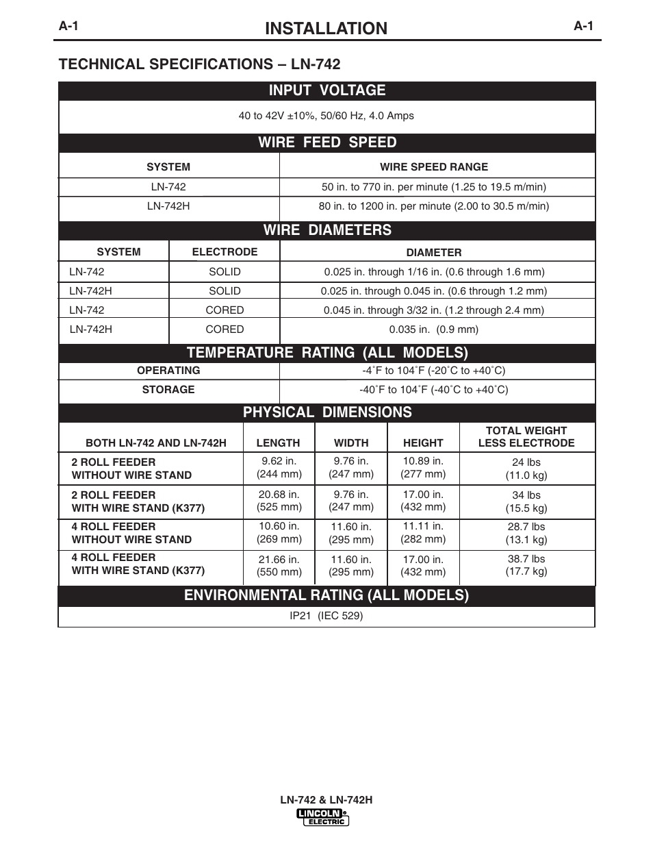 Installation, Temperature rating (all models) | Lincoln LN-742H User Manual | Page 8 / 48