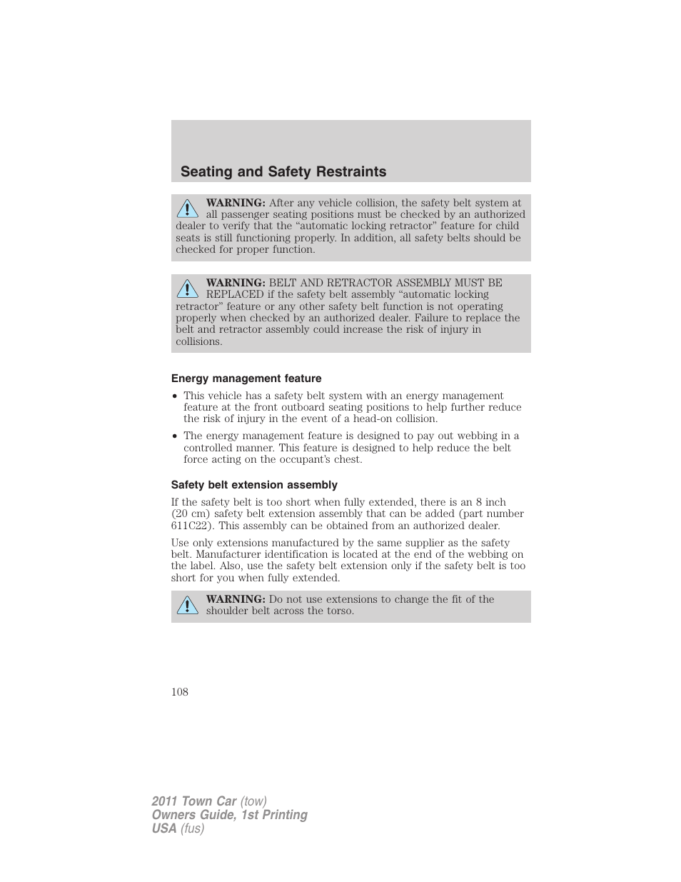 Energy management feature, Safety belt extension assembly, Seating and safety restraints | Lincoln 2011 Town Car User Manual | Page 108 / 308