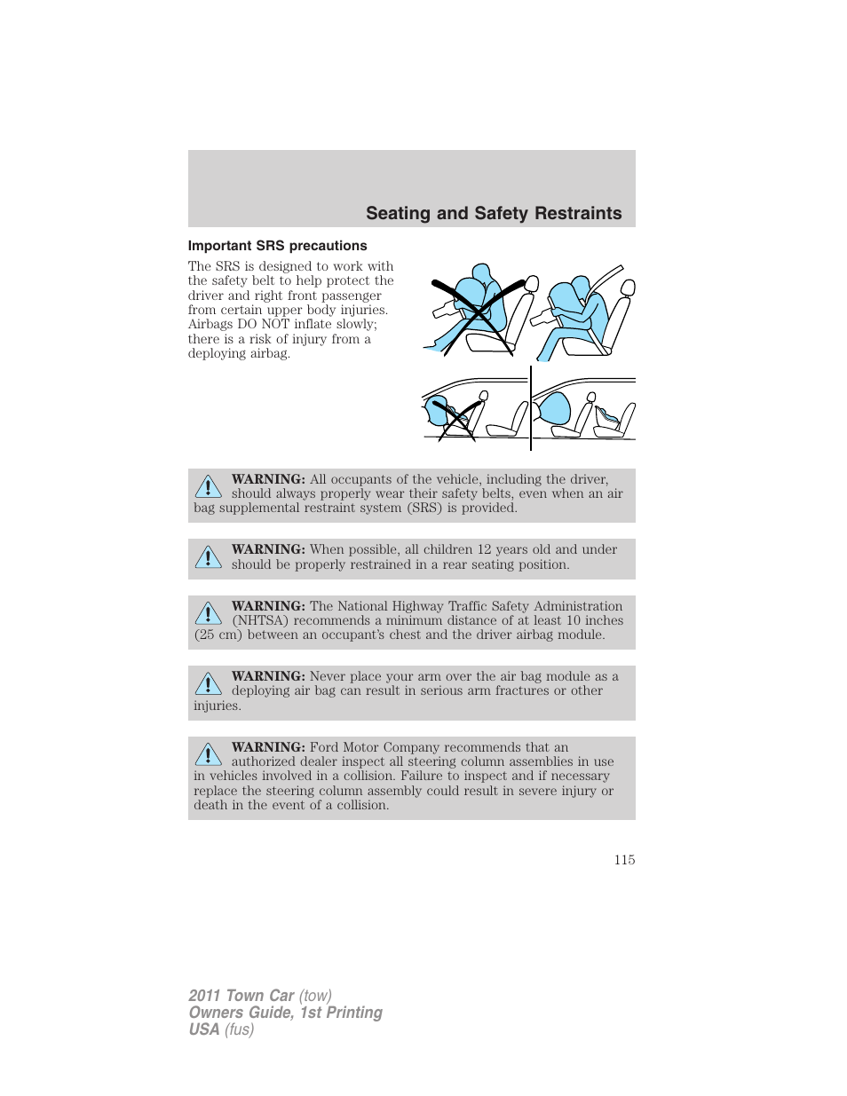 Important srs precautions, Seating and safety restraints | Lincoln 2011 Town Car User Manual | Page 115 / 308