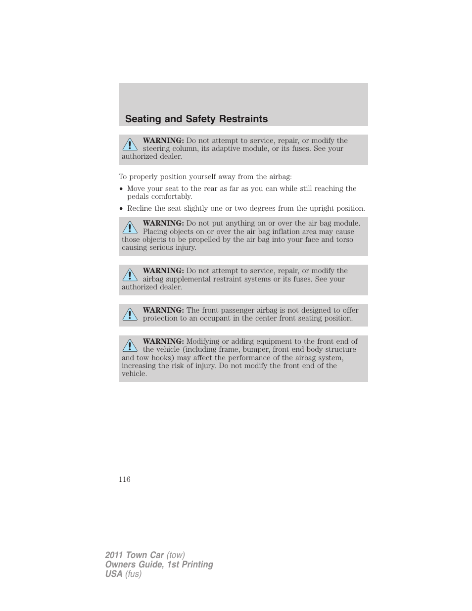 Seating and safety restraints | Lincoln 2011 Town Car User Manual | Page 116 / 308