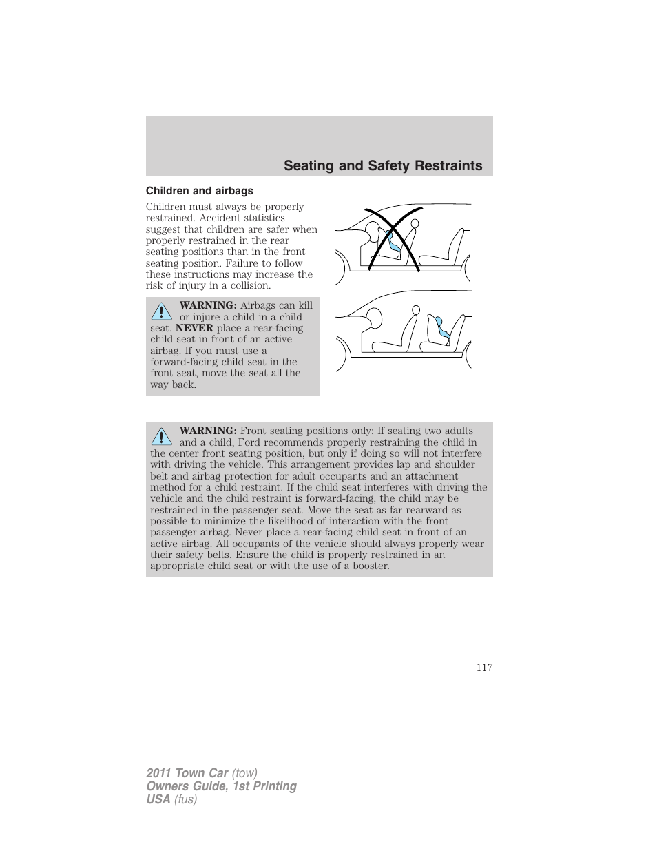 Children and airbags, Seating and safety restraints | Lincoln 2011 Town Car User Manual | Page 117 / 308