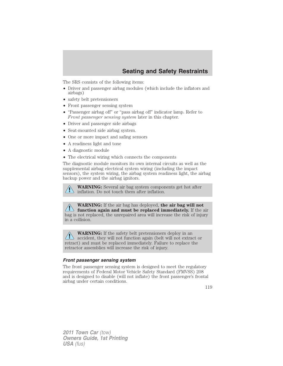 Front passenger sensing system, Seating and safety restraints | Lincoln 2011 Town Car User Manual | Page 119 / 308