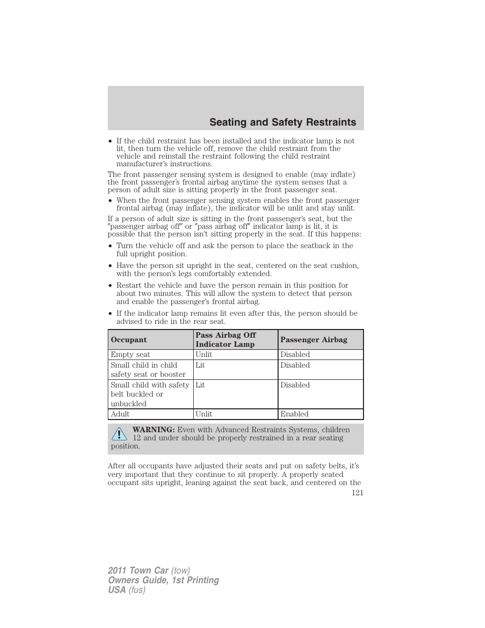 Seating and safety restraints | Lincoln 2011 Town Car User Manual | Page 121 / 308