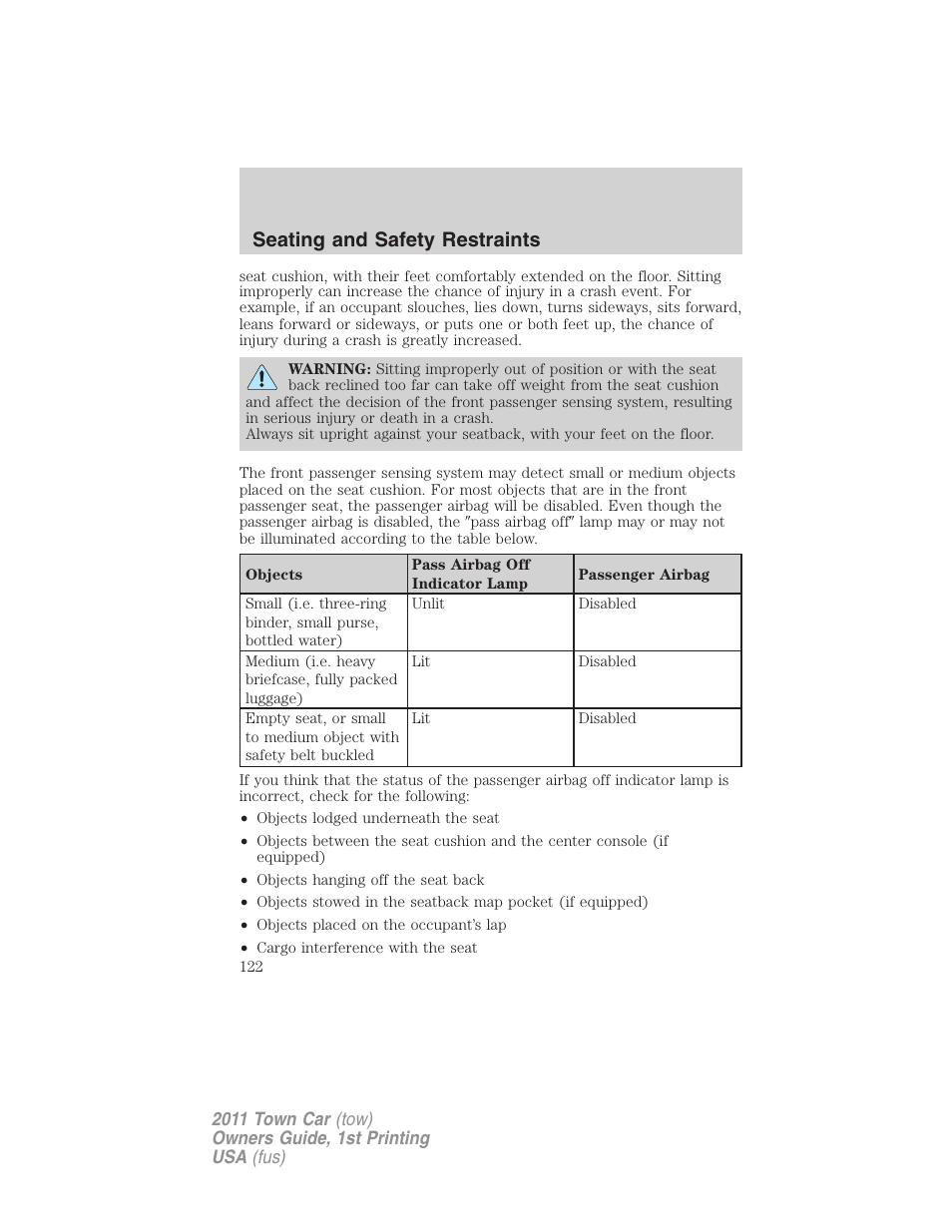 Seating and safety restraints | Lincoln 2011 Town Car User Manual | Page 122 / 308