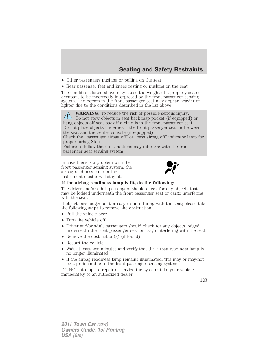 Seating and safety restraints | Lincoln 2011 Town Car User Manual | Page 123 / 308