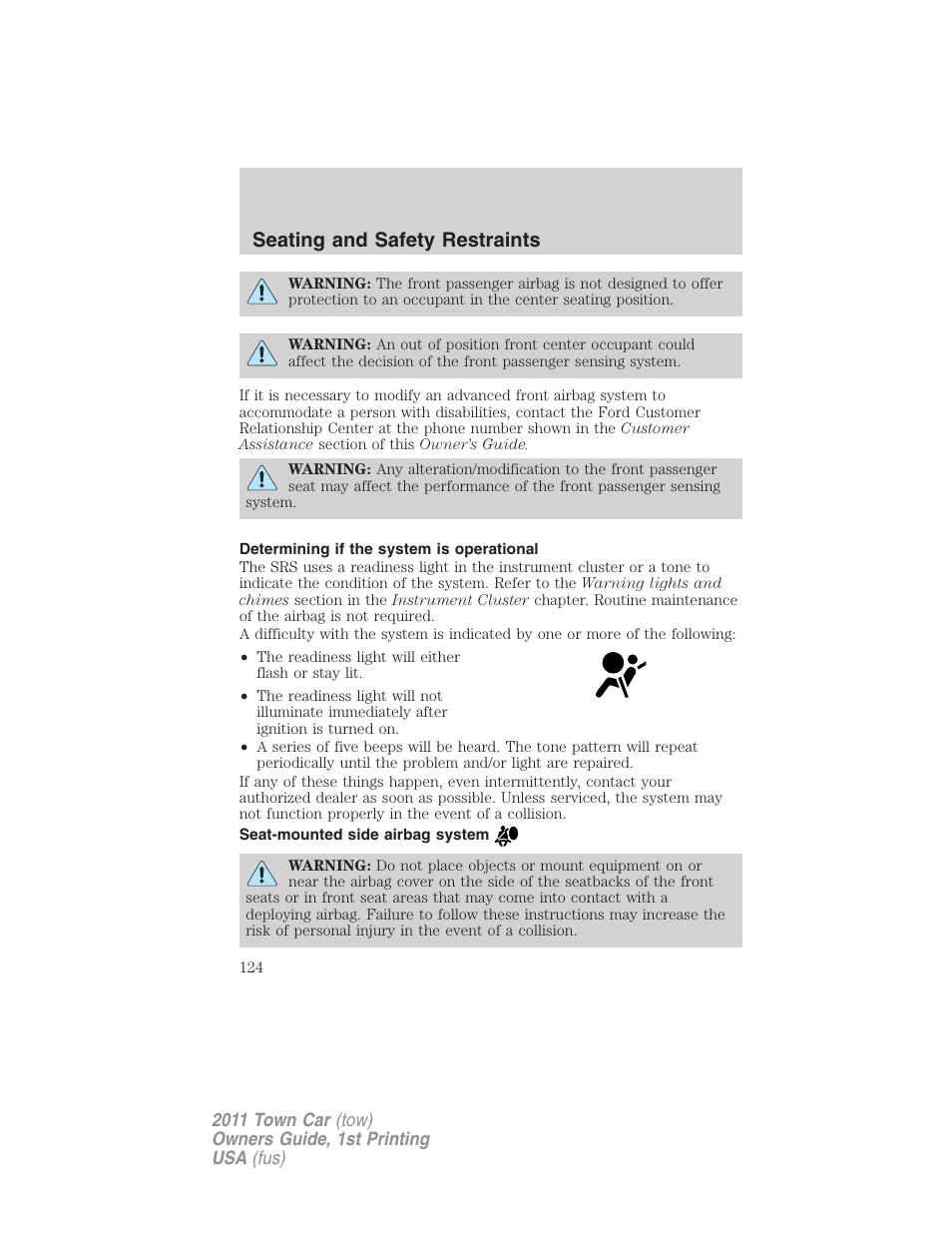 Determining if the system is operational, Seat-mounted side airbag system, Seating and safety restraints | Lincoln 2011 Town Car User Manual | Page 124 / 308