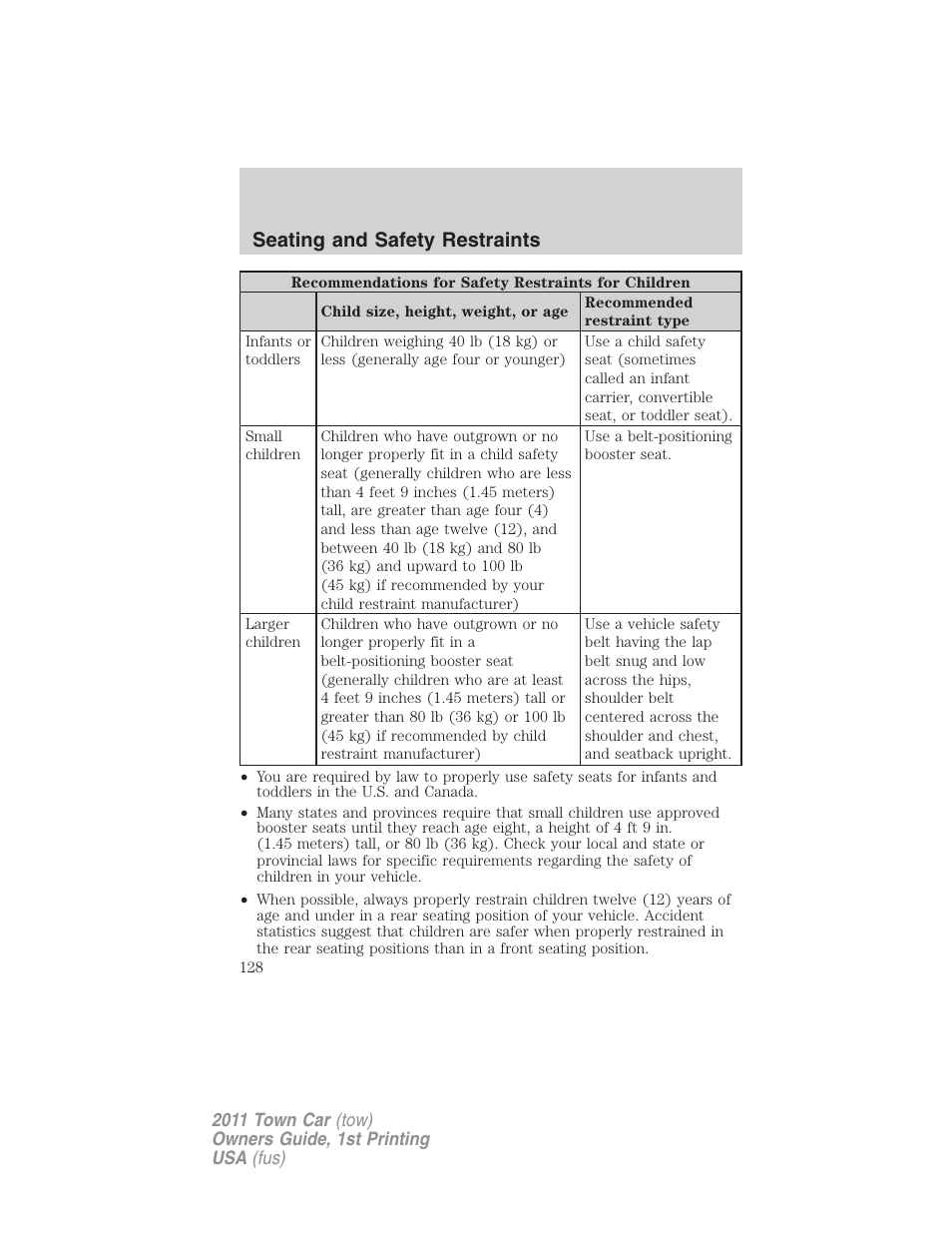 Seating and safety restraints | Lincoln 2011 Town Car User Manual | Page 128 / 308