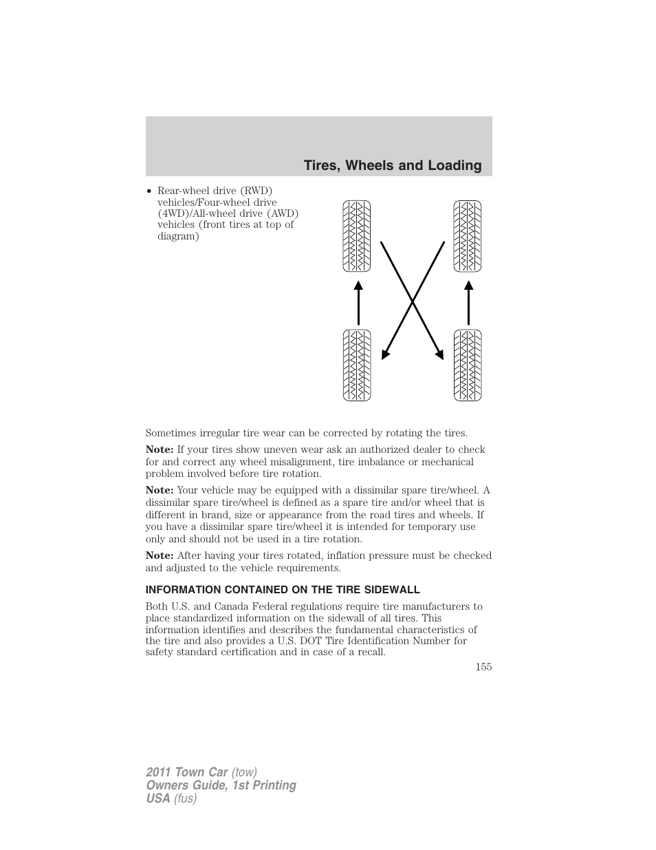 Information contained on the tire sidewall, Tires, wheels and loading | Lincoln 2011 Town Car User Manual | Page 155 / 308