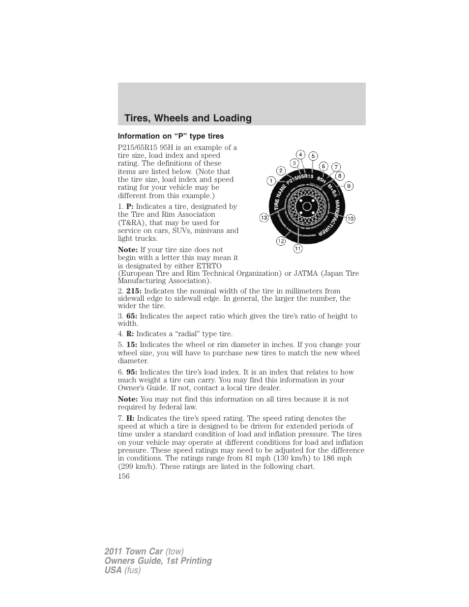 Information on “p” type tires, Tires, wheels and loading | Lincoln 2011 Town Car User Manual | Page 156 / 308