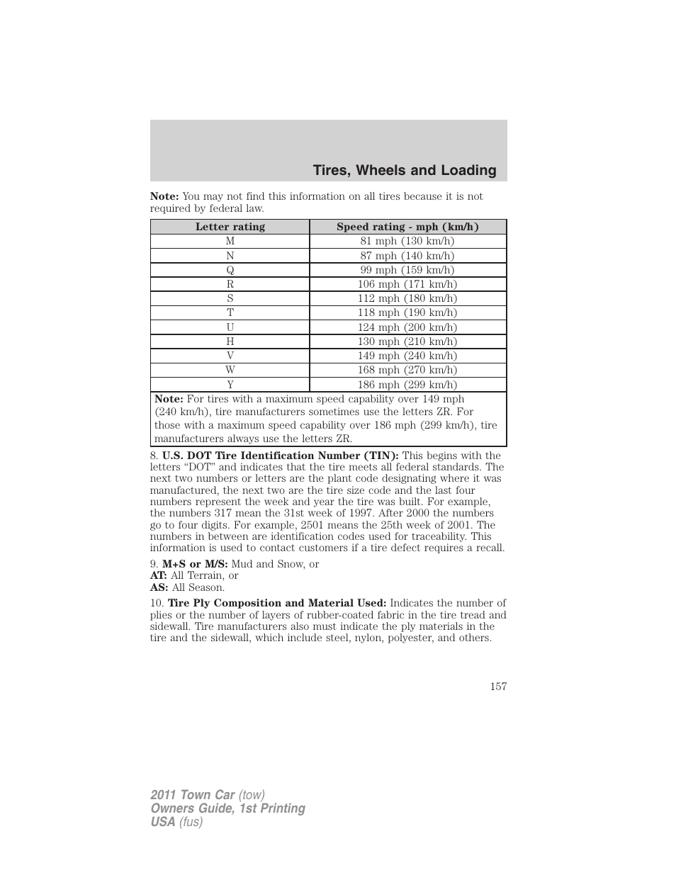 Tires, wheels and loading | Lincoln 2011 Town Car User Manual | Page 157 / 308