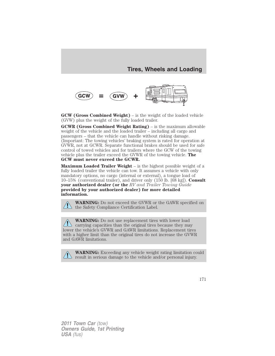 Tires, wheels and loading | Lincoln 2011 Town Car User Manual | Page 171 / 308