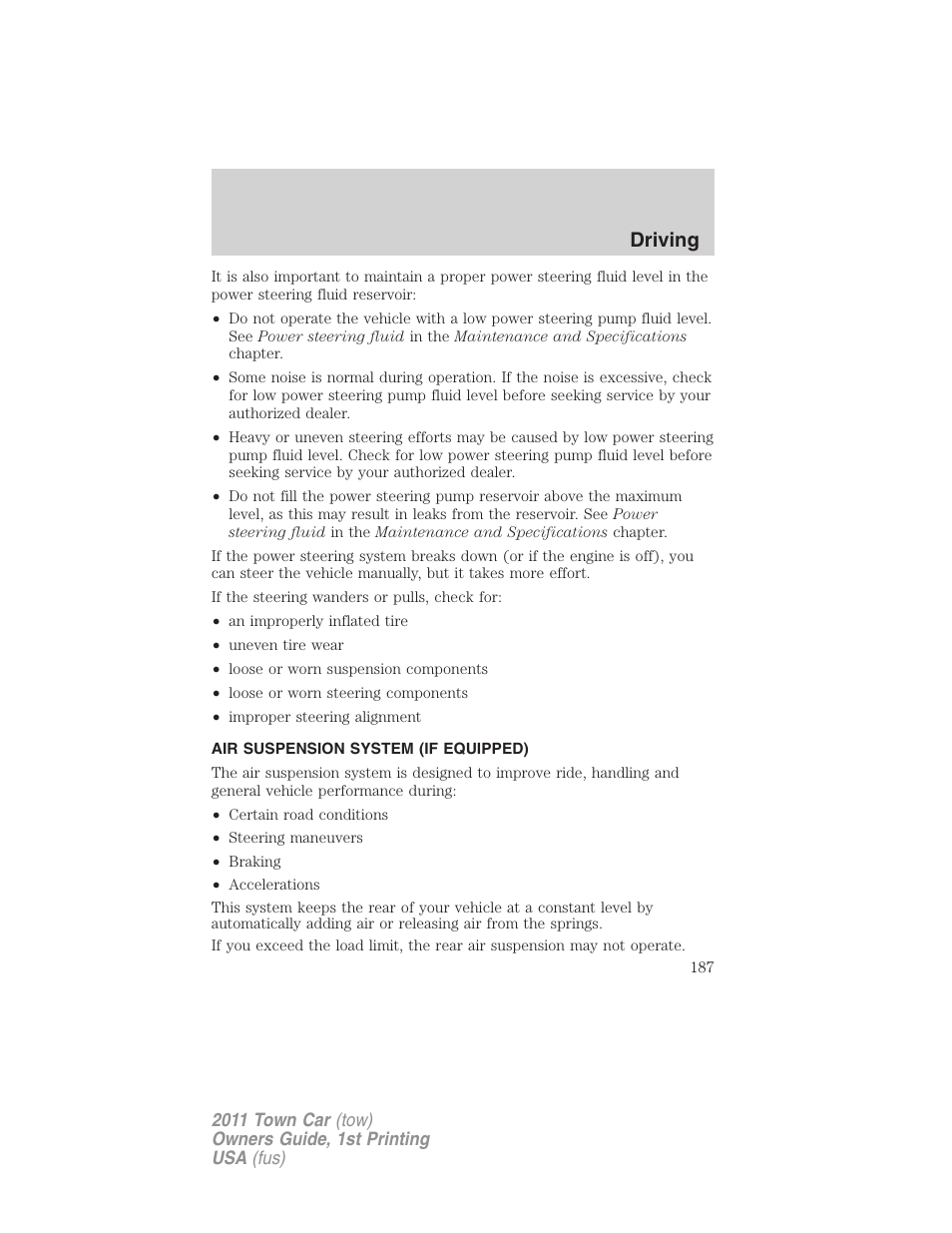 Air suspension system (if equipped), Air suspension, Driving | Lincoln 2011 Town Car User Manual | Page 187 / 308