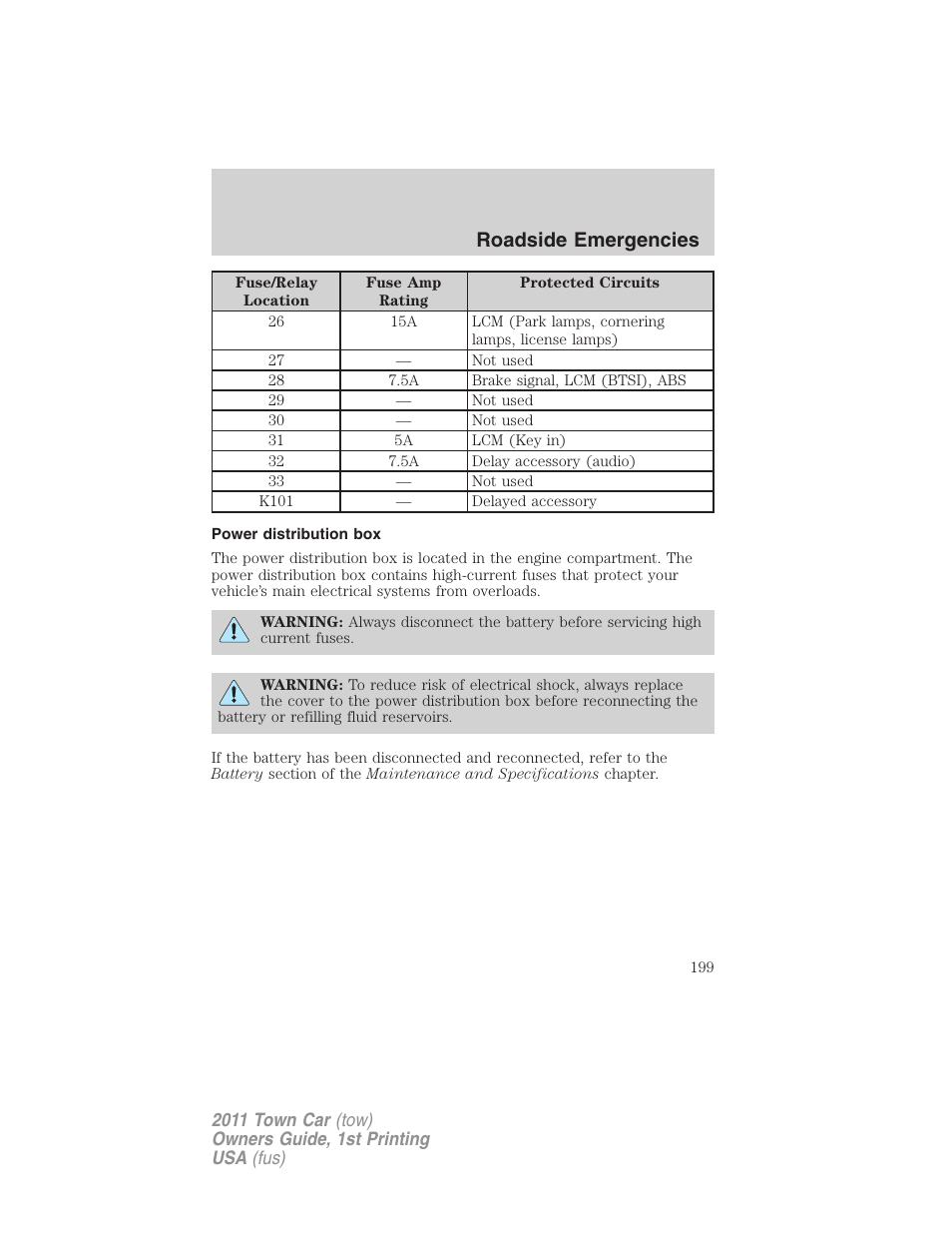 Power distribution box, Roadside emergencies | Lincoln 2011 Town Car User Manual | Page 199 / 308