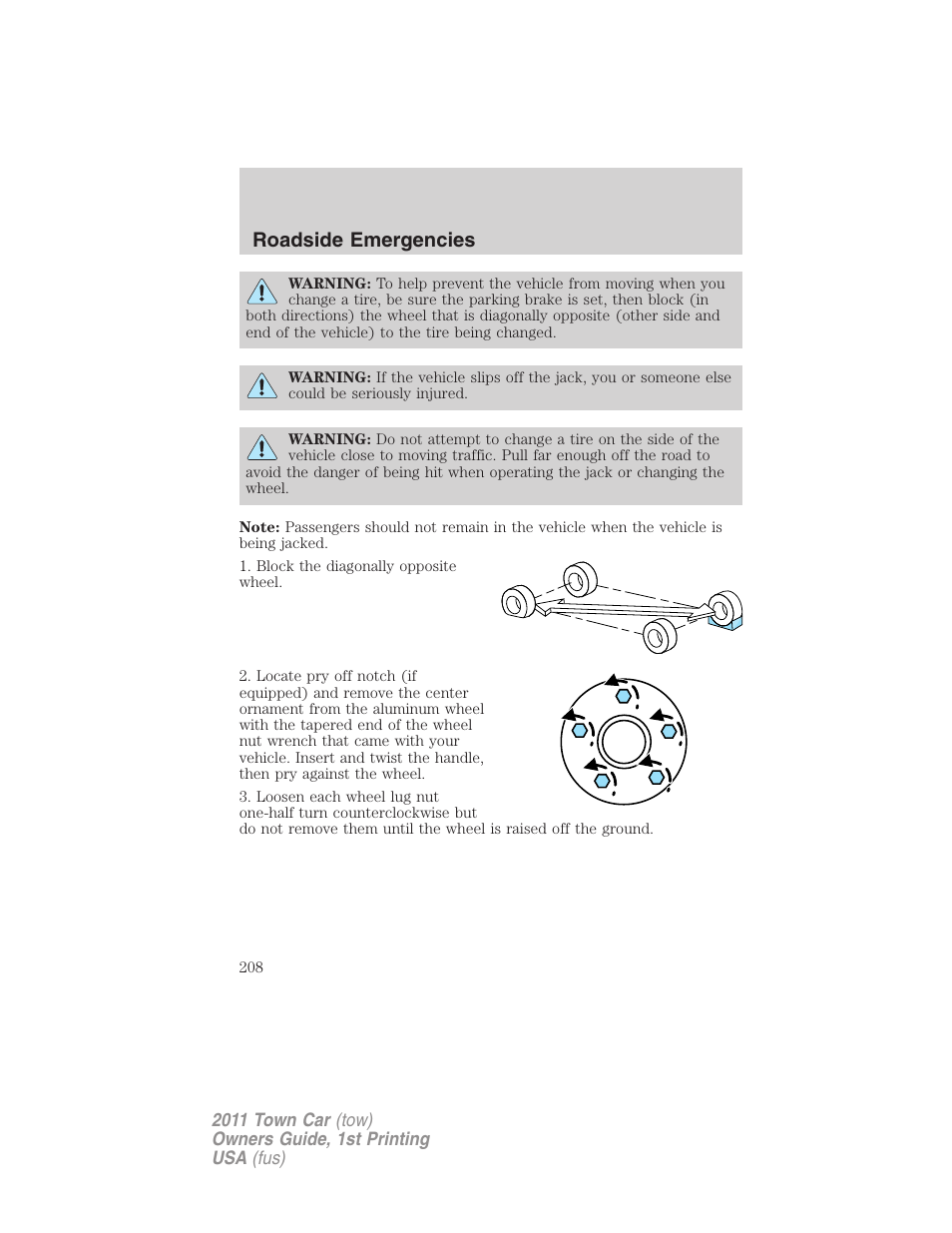 Roadside emergencies | Lincoln 2011 Town Car User Manual | Page 208 / 308