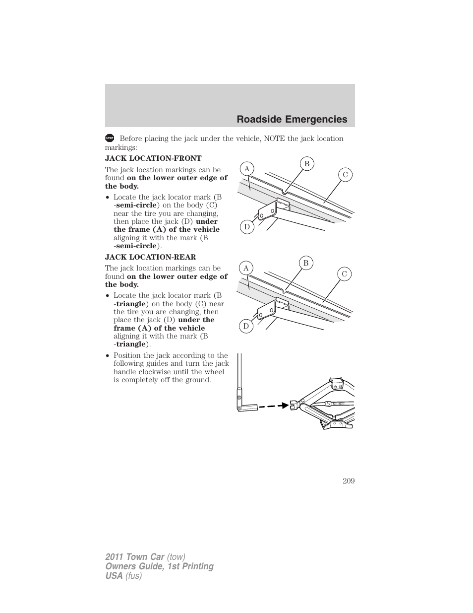 Roadside emergencies | Lincoln 2011 Town Car User Manual | Page 209 / 308