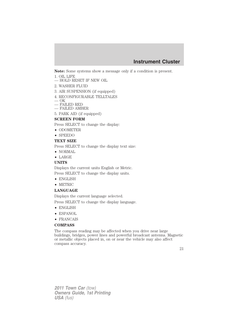 Instrument cluster | Lincoln 2011 Town Car User Manual | Page 21 / 308