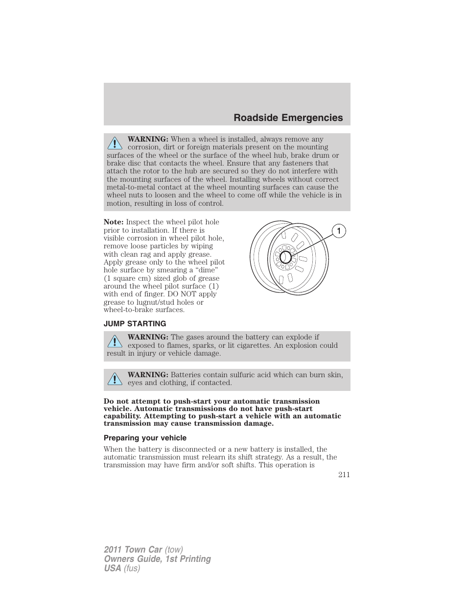 Jump starting, Preparing your vehicle, Roadside emergencies | Lincoln 2011 Town Car User Manual | Page 211 / 308