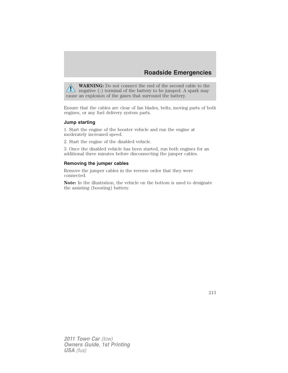 Jump starting, Removing the jumper cables, Roadside emergencies | Lincoln 2011 Town Car User Manual | Page 213 / 308