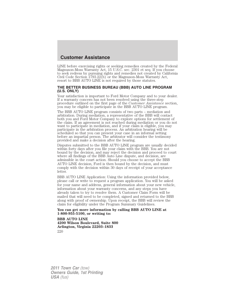 Customer assistance | Lincoln 2011 Town Car User Manual | Page 220 / 308