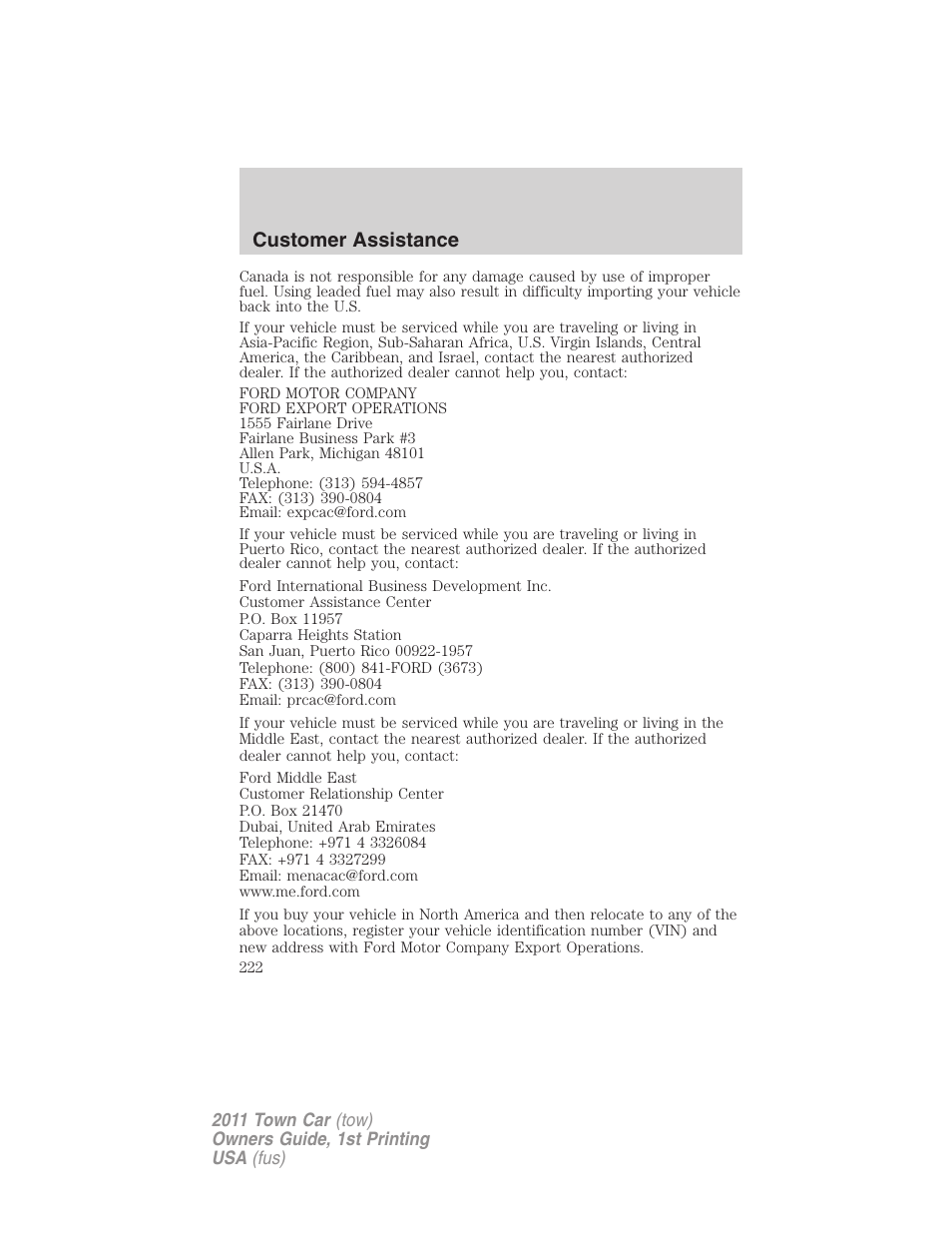 Customer assistance | Lincoln 2011 Town Car User Manual | Page 222 / 308