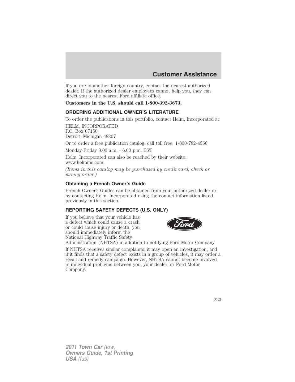 Ordering additional owner’s literature, Obtaining a french owner’s guide, Reporting safety defects (u.s. only) | Customer assistance | Lincoln 2011 Town Car User Manual | Page 223 / 308