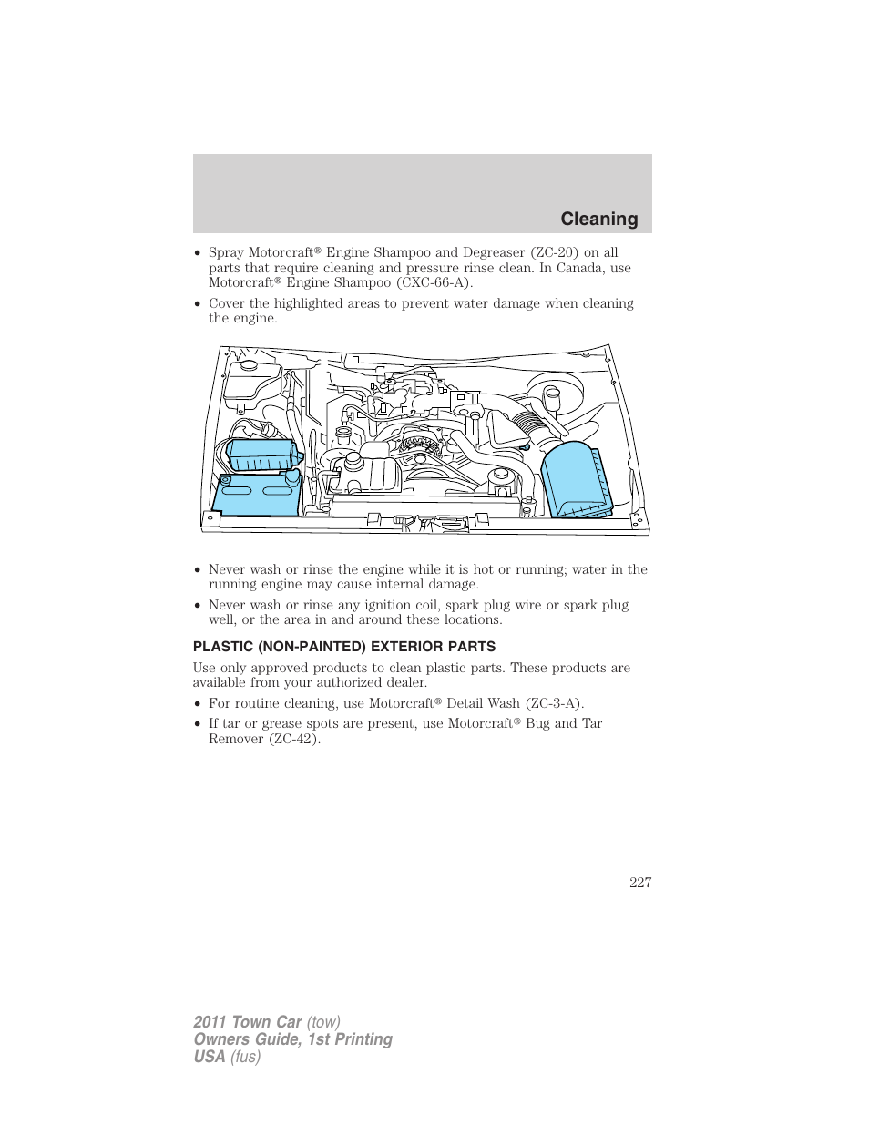 Plastic (non-painted) exterior parts, Cleaning | Lincoln 2011 Town Car User Manual | Page 227 / 308