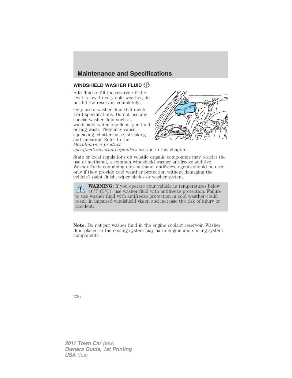 Windshield washer fluid, Maintenance and specifications | Lincoln 2011 Town Car User Manual | Page 236 / 308