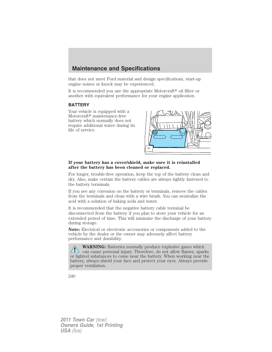 Battery, Maintenance and specifications | Lincoln 2011 Town Car User Manual | Page 240 / 308