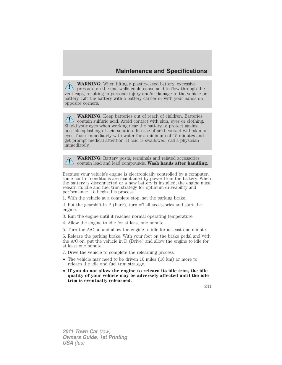 Maintenance and specifications | Lincoln 2011 Town Car User Manual | Page 241 / 308