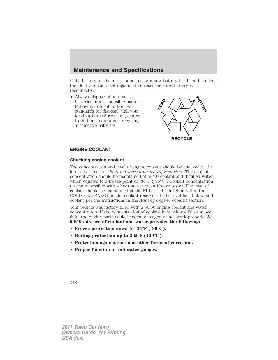 Engine coolant, Checking engine coolant, Maintenance and specifications | Lincoln 2011 Town Car User Manual | Page 242 / 308