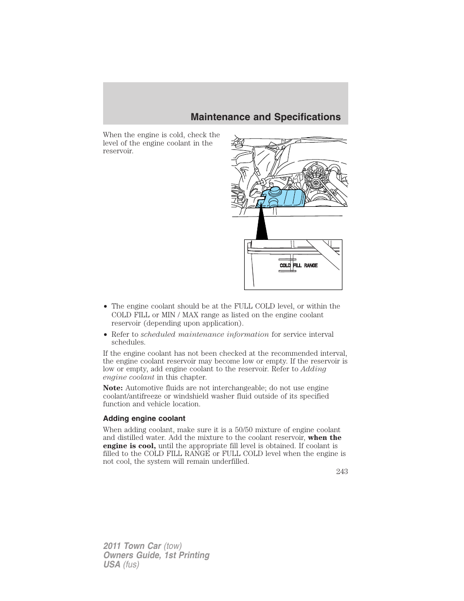 Adding engine coolant, Maintenance and specifications | Lincoln 2011 Town Car User Manual | Page 243 / 308