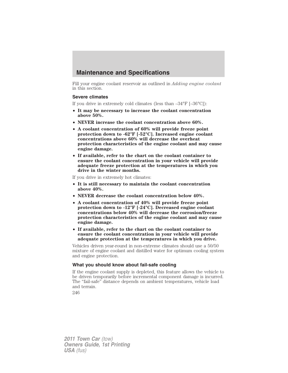 Severe climates, What you should know about fail-safe cooling, Maintenance and specifications | Lincoln 2011 Town Car User Manual | Page 246 / 308