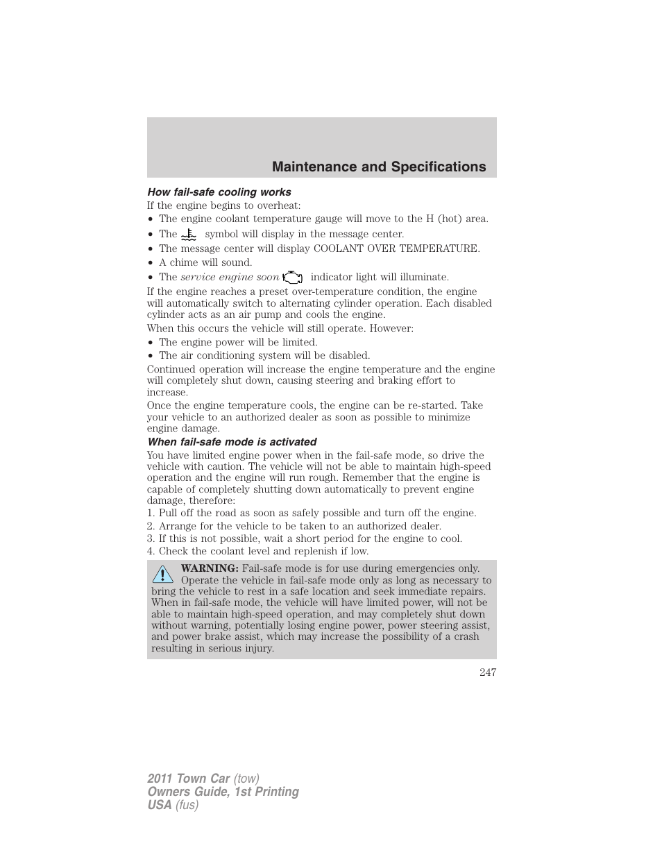 How fail-safe cooling works, When fail-safe mode is activated, Maintenance and specifications | Lincoln 2011 Town Car User Manual | Page 247 / 308