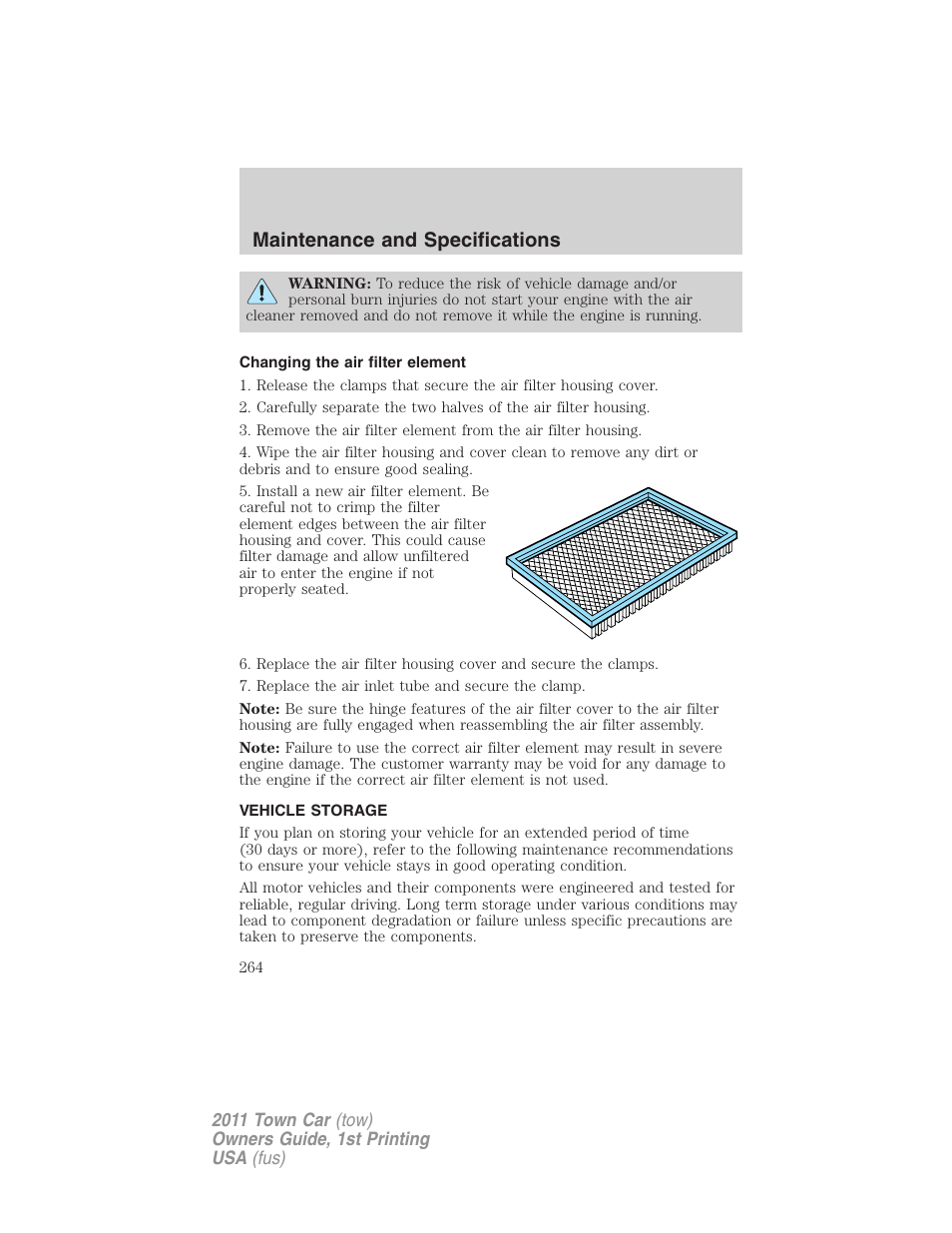 Changing the air filter element, Vehicle storage, Maintenance and specifications | Lincoln 2011 Town Car User Manual | Page 264 / 308