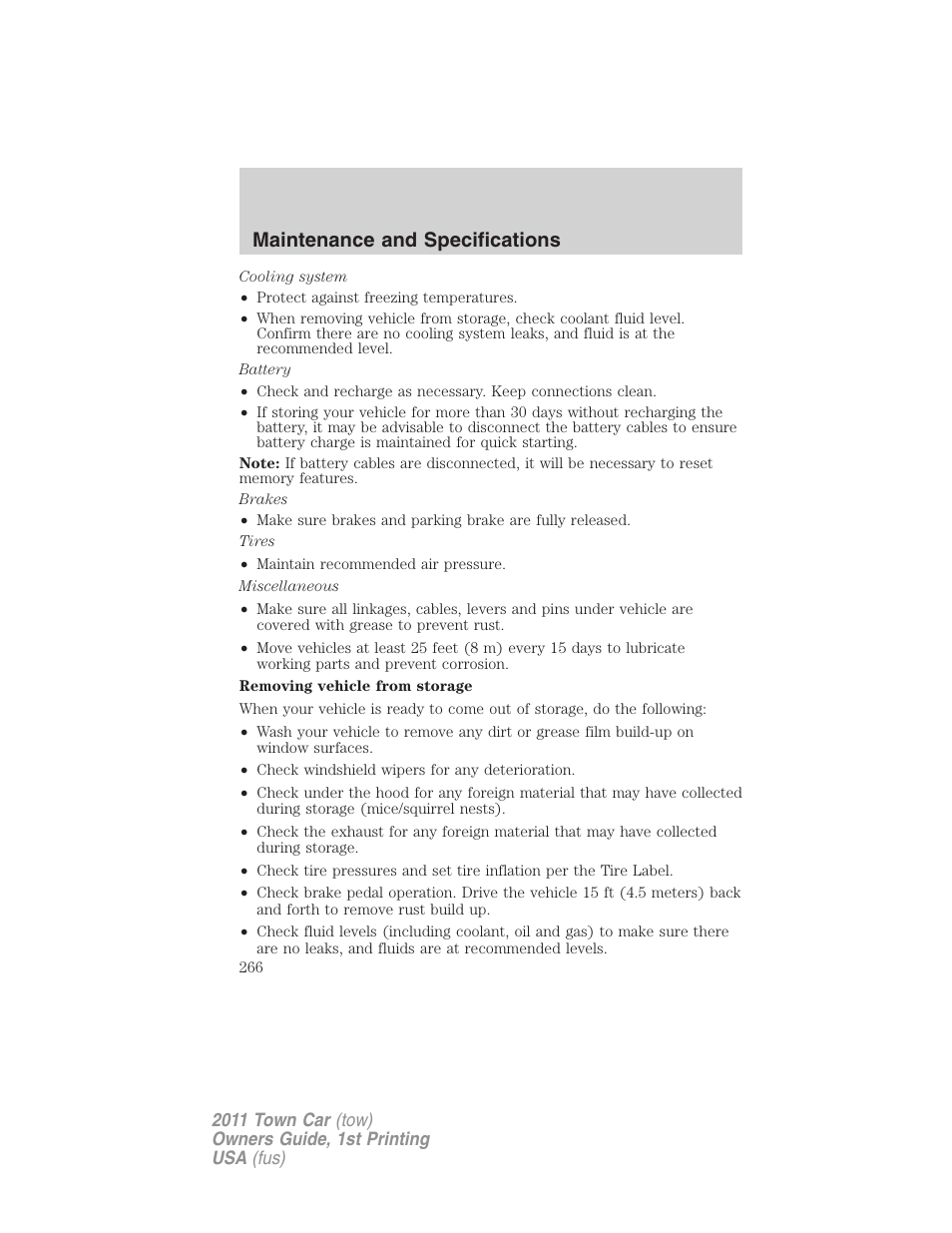 Maintenance and specifications | Lincoln 2011 Town Car User Manual | Page 266 / 308