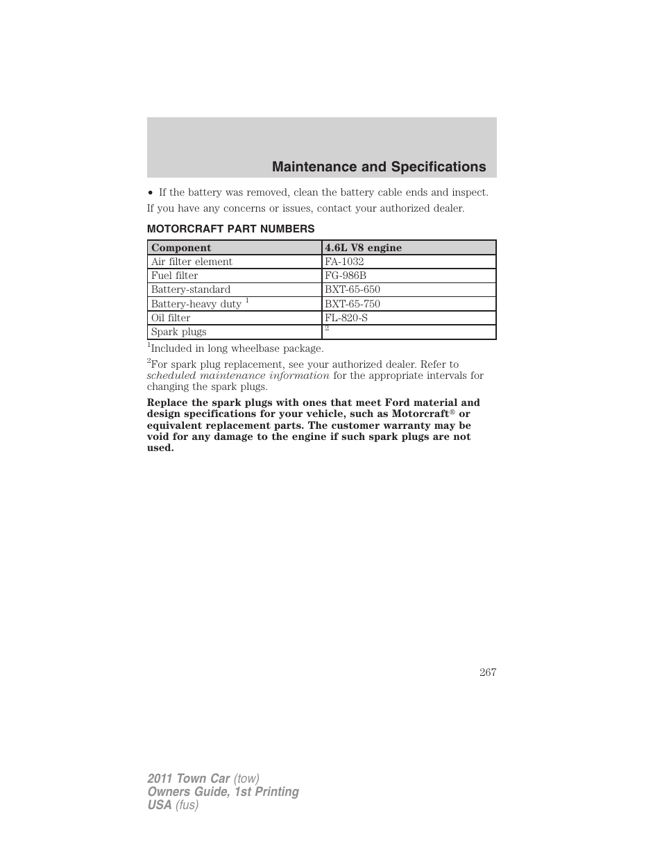 Motorcraft part numbers, Maintenance and specifications | Lincoln 2011 Town Car User Manual | Page 267 / 308