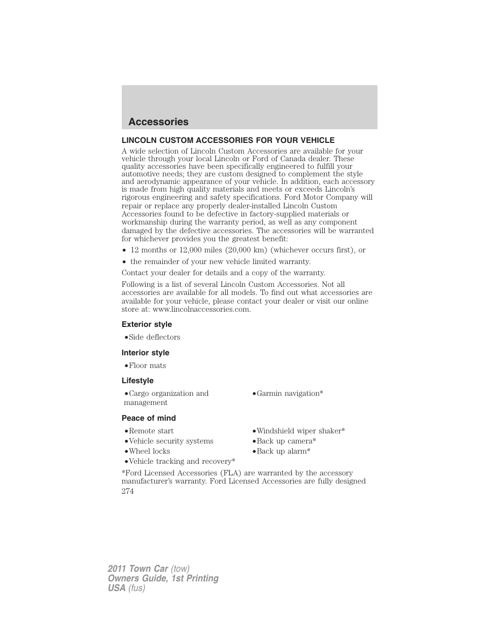 Accessories, Lincoln custom accessories for your vehicle, Exterior style | Interior style, Lifestyle, Peace of mind | Lincoln 2011 Town Car User Manual | Page 274 / 308