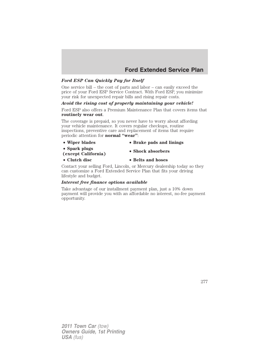 Ford extended service plan | Lincoln 2011 Town Car User Manual | Page 277 / 308