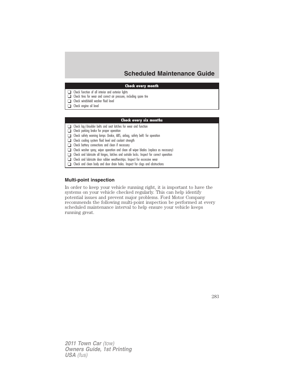 Multi-point inspection, Scheduled maintenance guide | Lincoln 2011 Town Car User Manual | Page 283 / 308