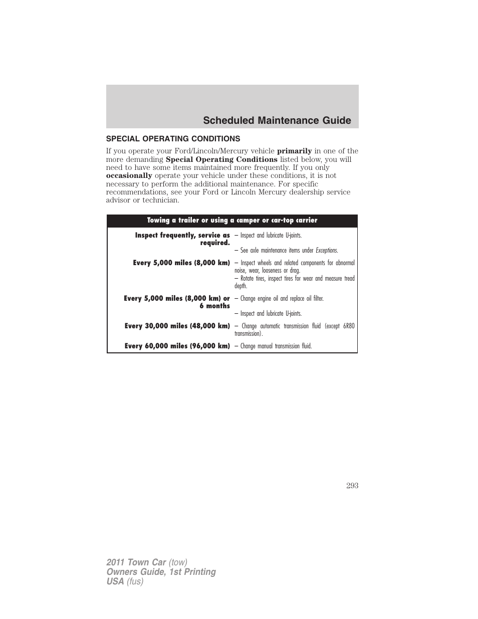 Special operating conditions, Scheduled maintenance guide | Lincoln 2011 Town Car User Manual | Page 293 / 308