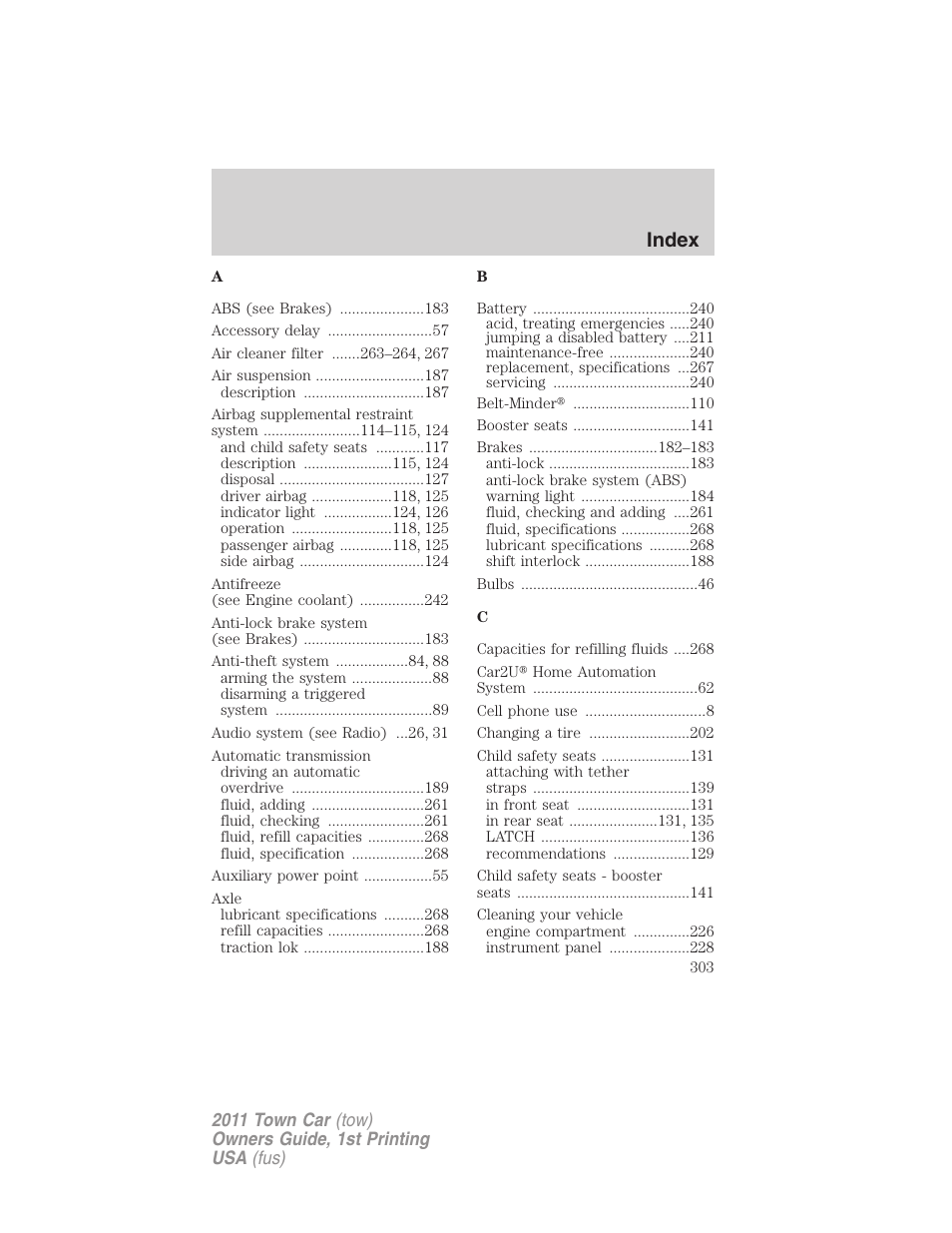 Index | Lincoln 2011 Town Car User Manual | Page 303 / 308