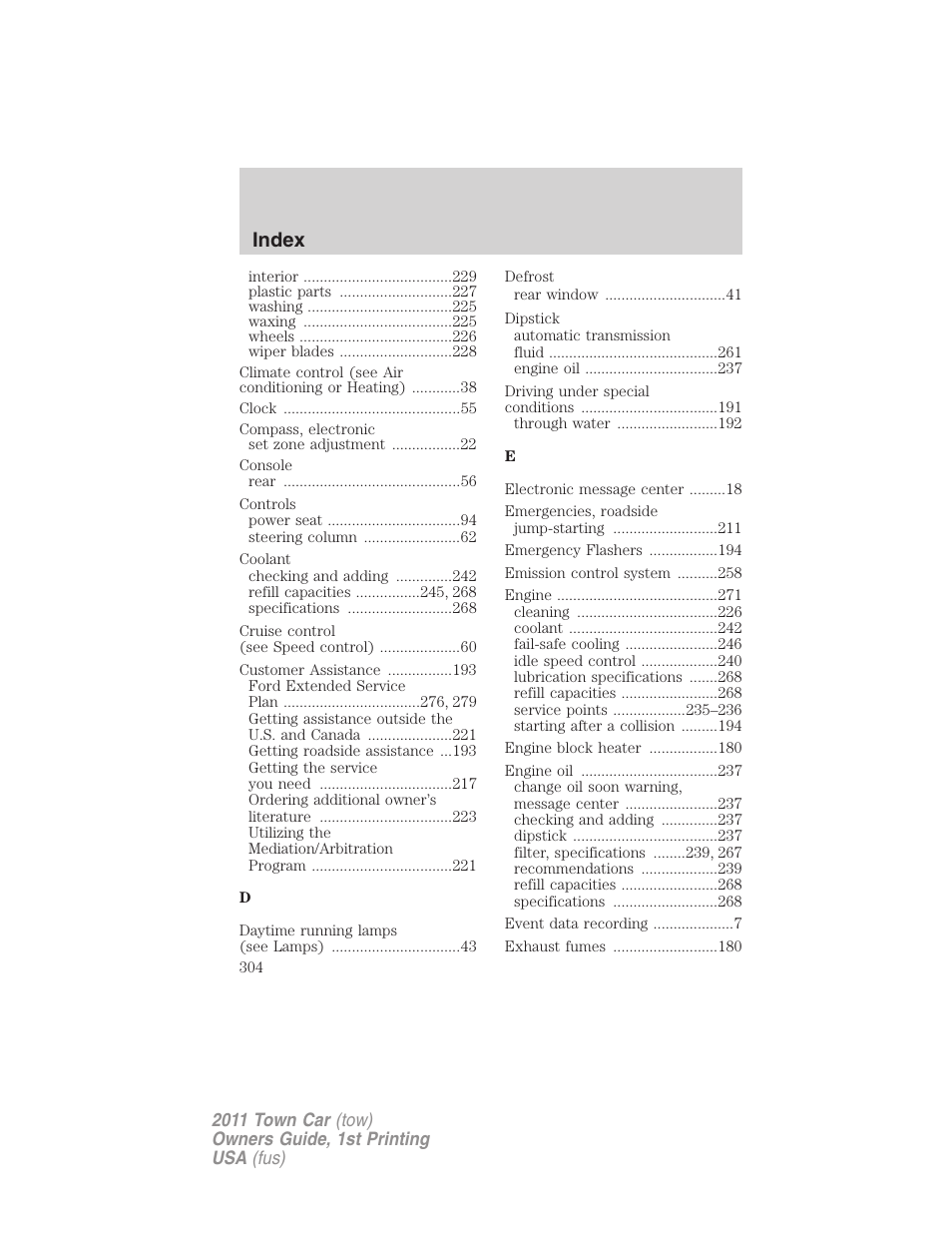 Index | Lincoln 2011 Town Car User Manual | Page 304 / 308