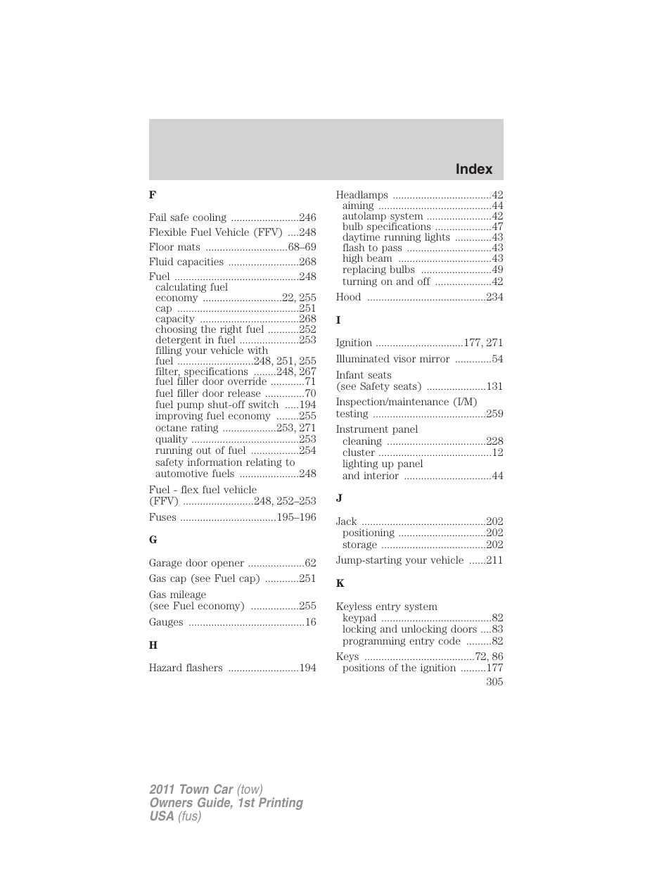 Index | Lincoln 2011 Town Car User Manual | Page 305 / 308